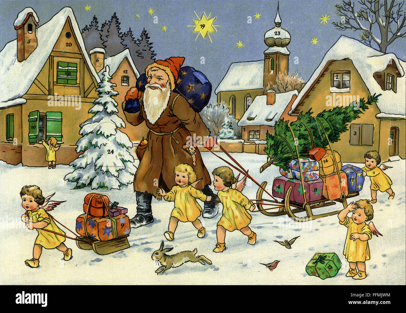 Christmas, Advent calendar, Father Christmas, St. Nicholas, little angel, delivering presents, Germany, circa 1948, Additional-Rights-Clearences-Not Available Stock Photo