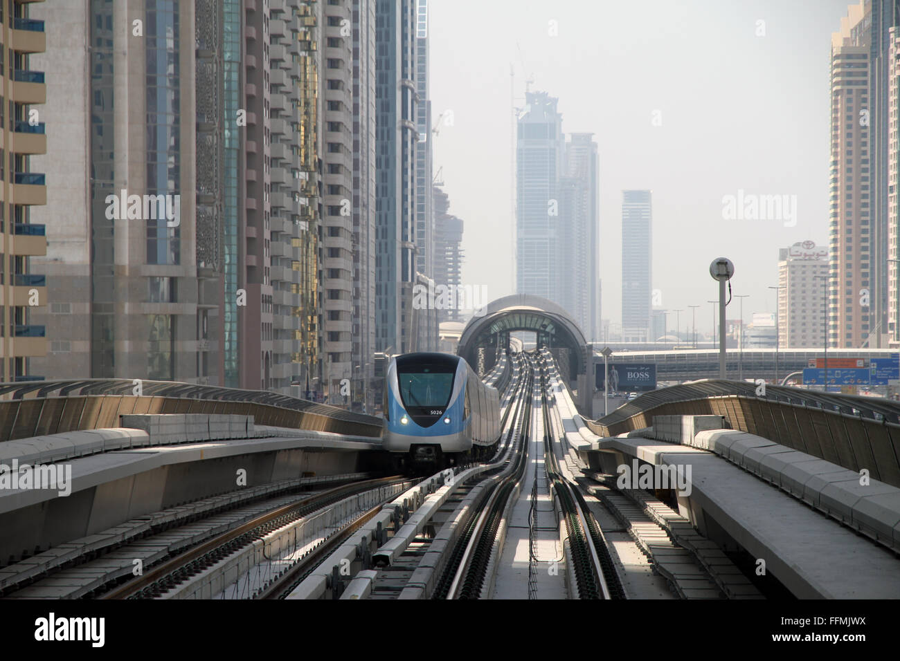 Incoming fully automated Dubai Metro train. Stock Photo