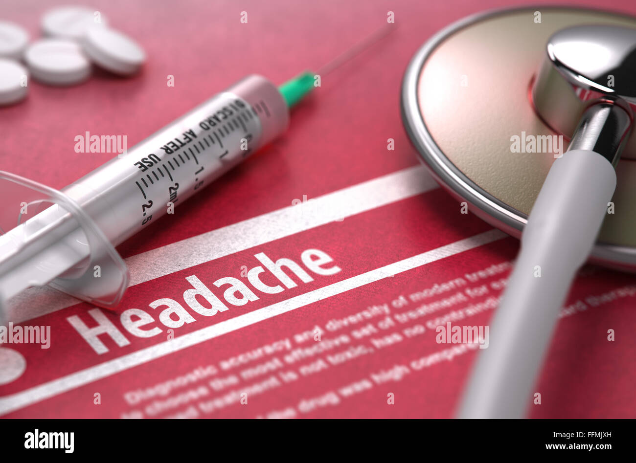 Headache - Printed Diagnosis on Red Background. Stock Photo