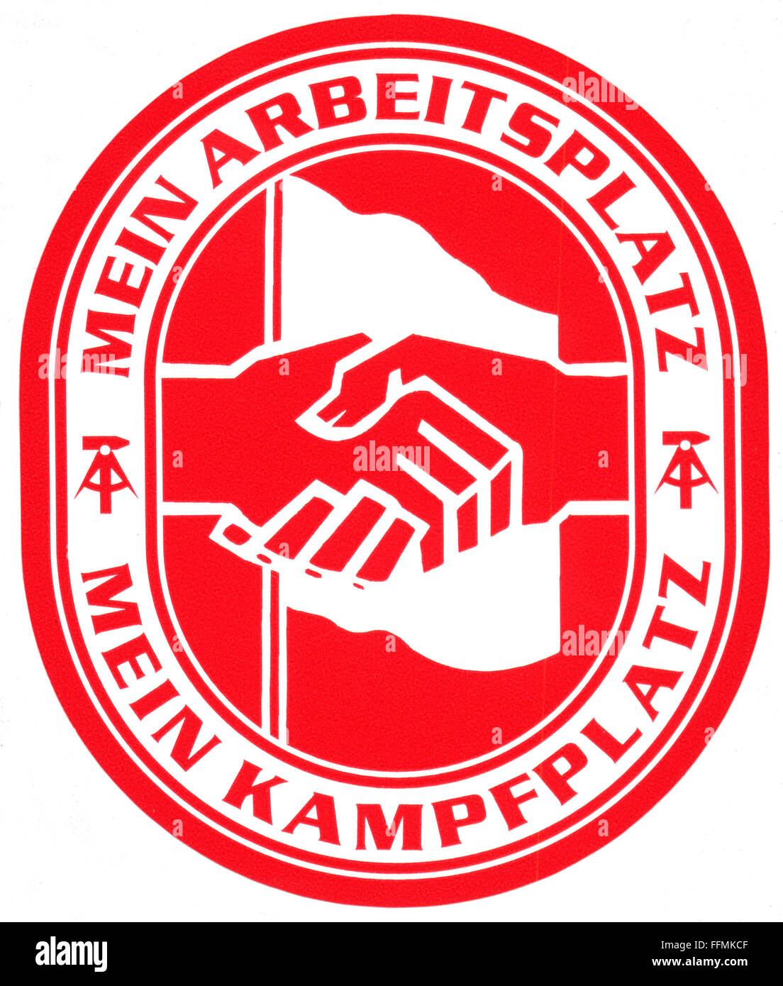 geography / travel, East-Germany, politics, sticker displaying the motto 'Mein Arbeitsplatz - Mein Kampfplatz' (My Place of Work - My Place of Fight), 1980s, Additional-Rights-Clearences-Not Available Stock Photo