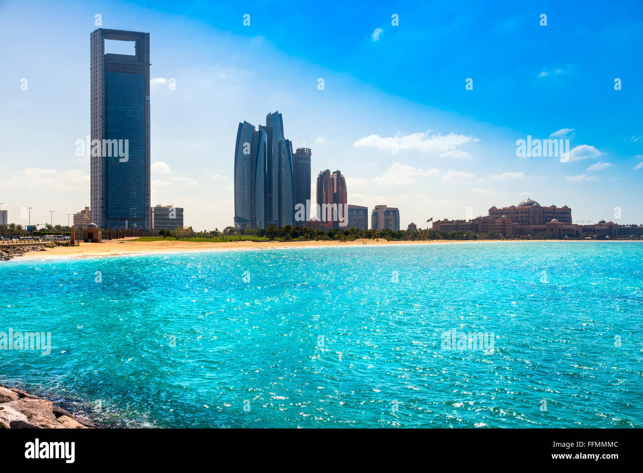 Abu Dhabi, Emirates Palace and skyscraper on the beach. UAE Stock Photo