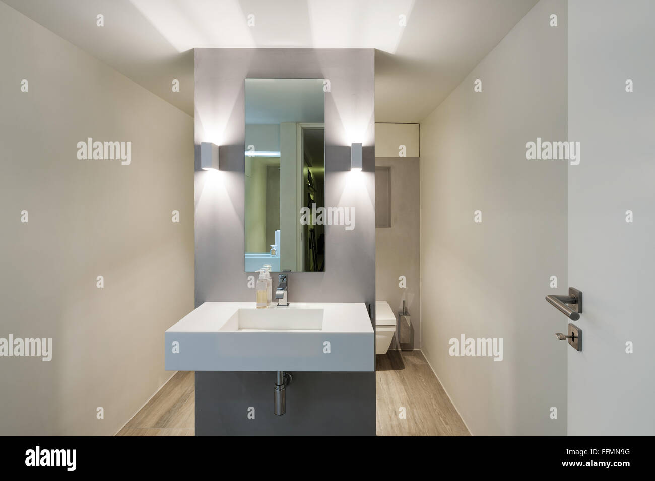 Modern bathroom, new trend design, sink with mirror Stock Photo
