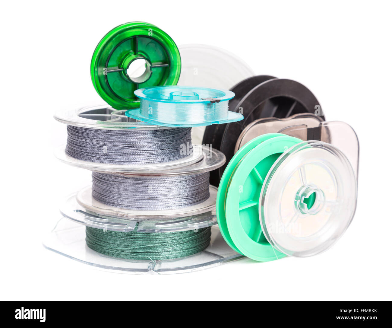 different round spools with fishing line Stock Photo Alamy