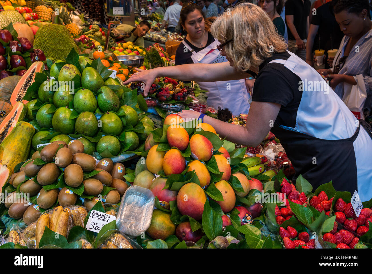 fruits for sale at Mercat de Sant Josep de la Boqueria - famous public market, Ciutat Vella district, Barcelona, Spain Stock Photo