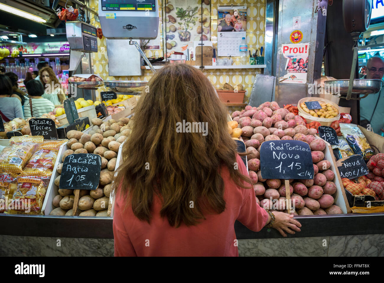 a lot of varieties of potatoes for sale at Mercat de Sant Josep de la Boqueria - famous market, Ciutat Vella, Barcelona, Spain Stock Photo