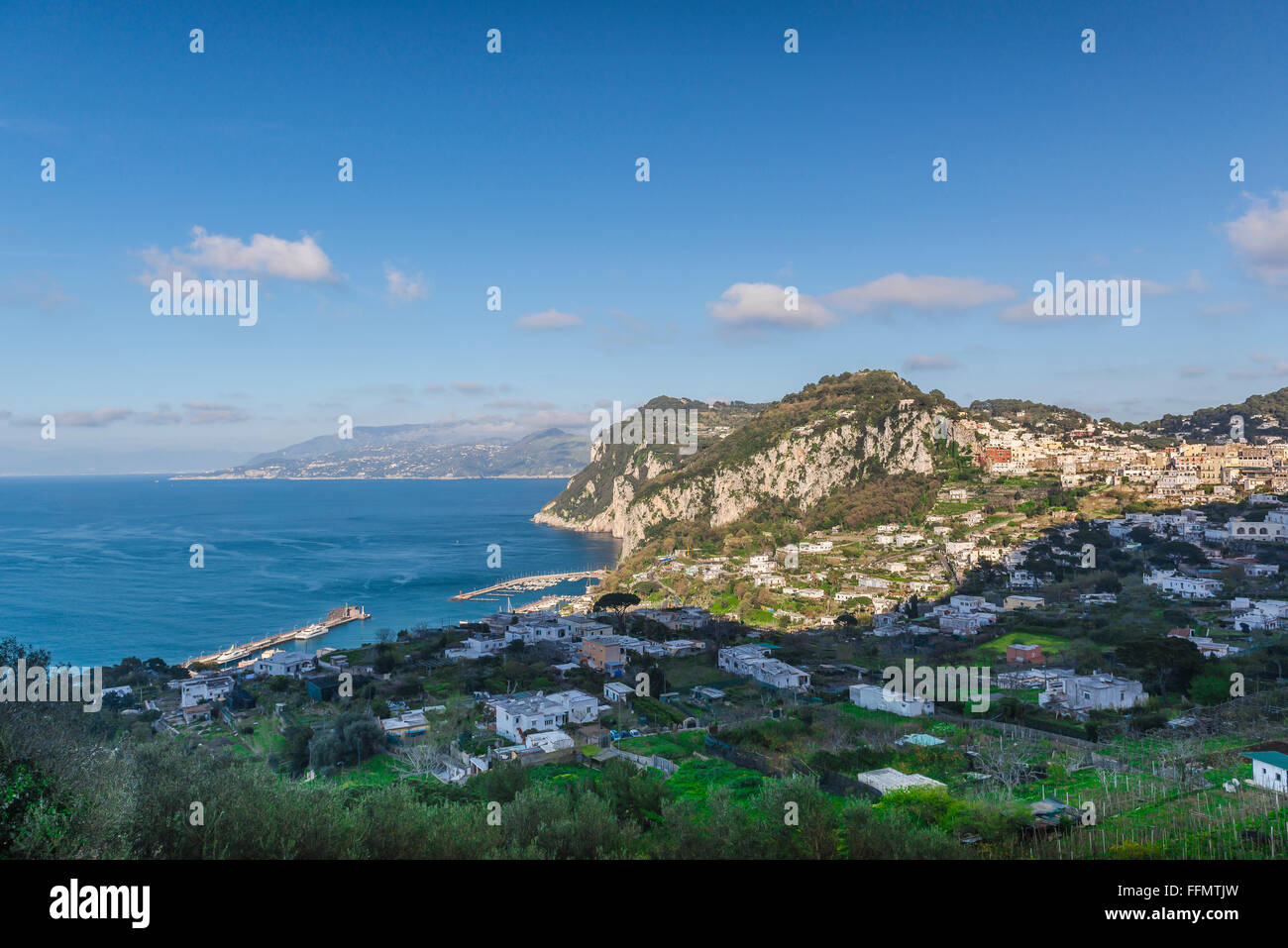 Capri landscape, view of the north coast of Capri with its main point of entry, the Marina Grande, Italy. Stock Photo