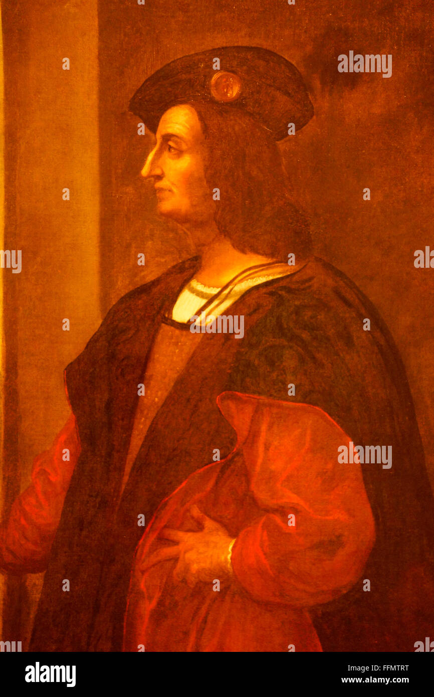 Christopher Columbus, painting, Vila Baleira: Columbus Museum, Porto Santo, Madeira, Stock Photo