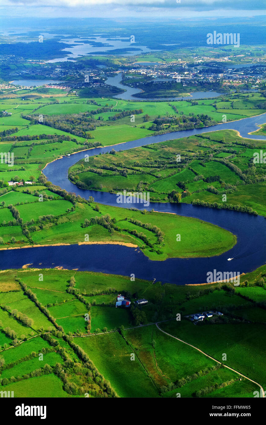 Aerial of Enniskillen and Lower lough erne over Erne river upper