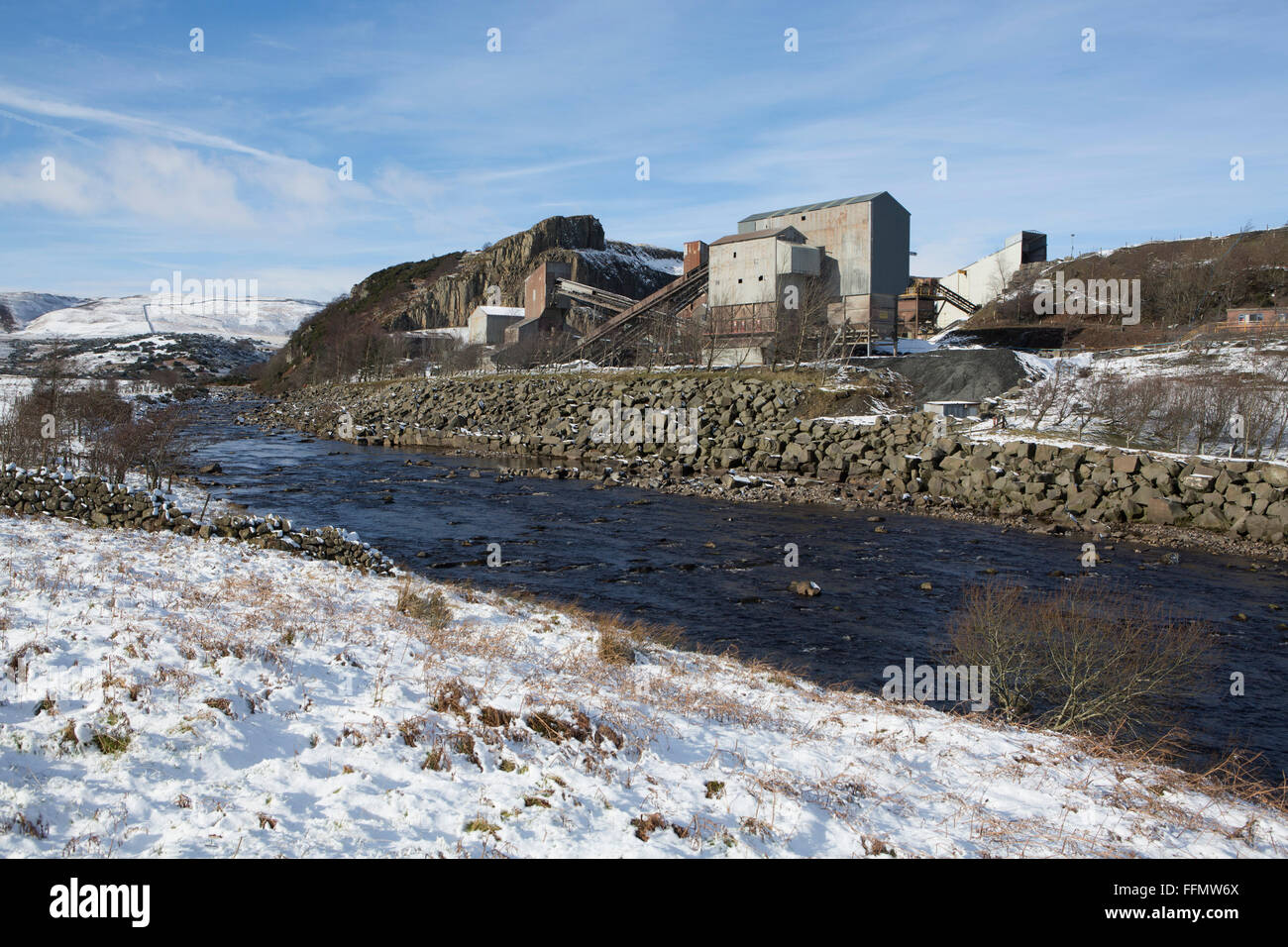 A quarry by the River Tees at Upper Teesdale in County Durham, England. The river flows by the Pennine Way. Stock Photo