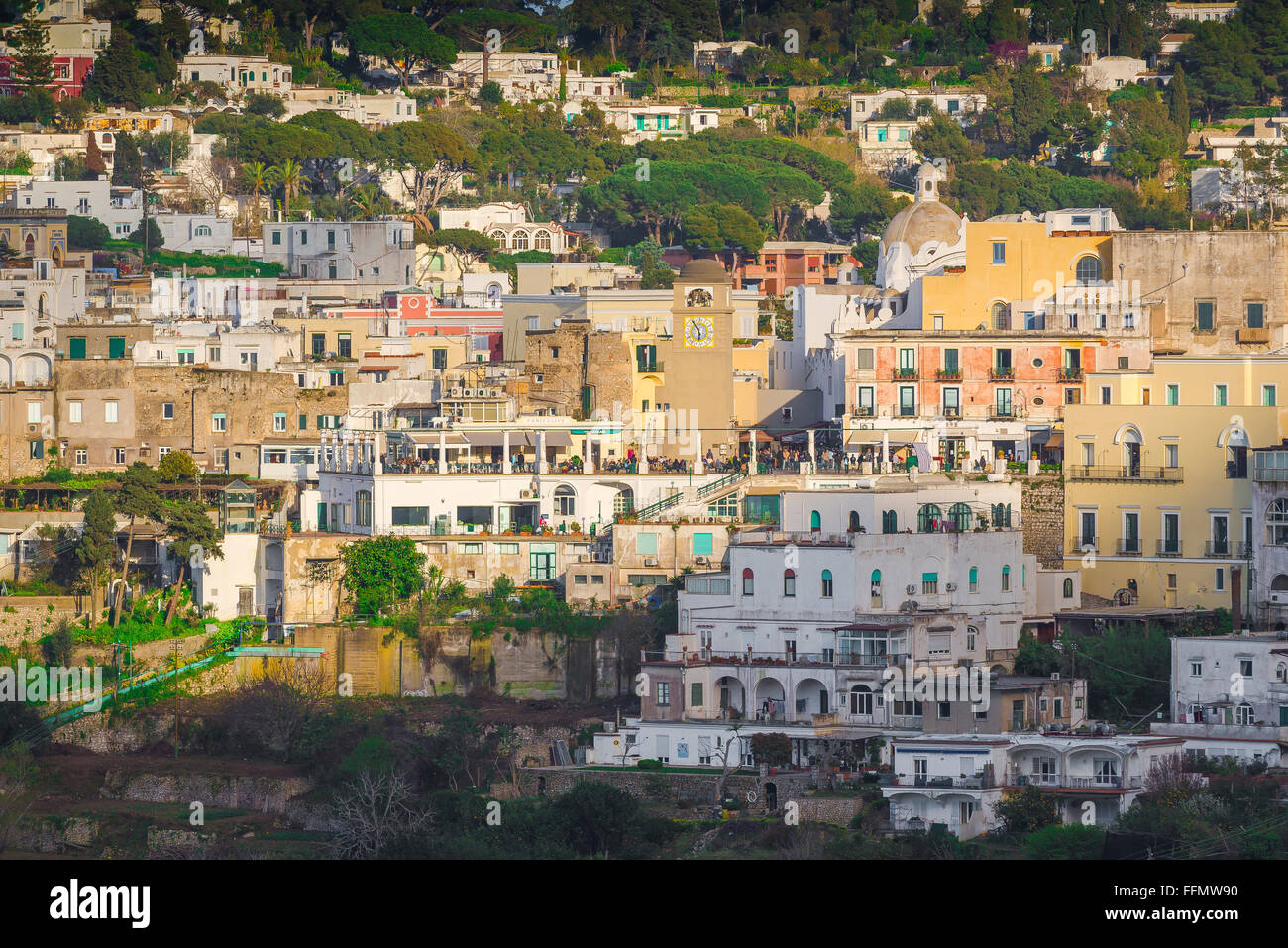 Capri town center, view of the main town on Capri island with the central meeting place, the Piazetta, visible in the centre, Campania, Italy. Stock Photo