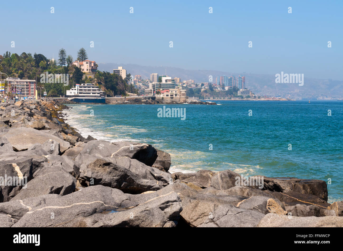 View on the Pacific Ocean coastline of Vina del Mar, Valparaiso Region in Chile. Stock Photo