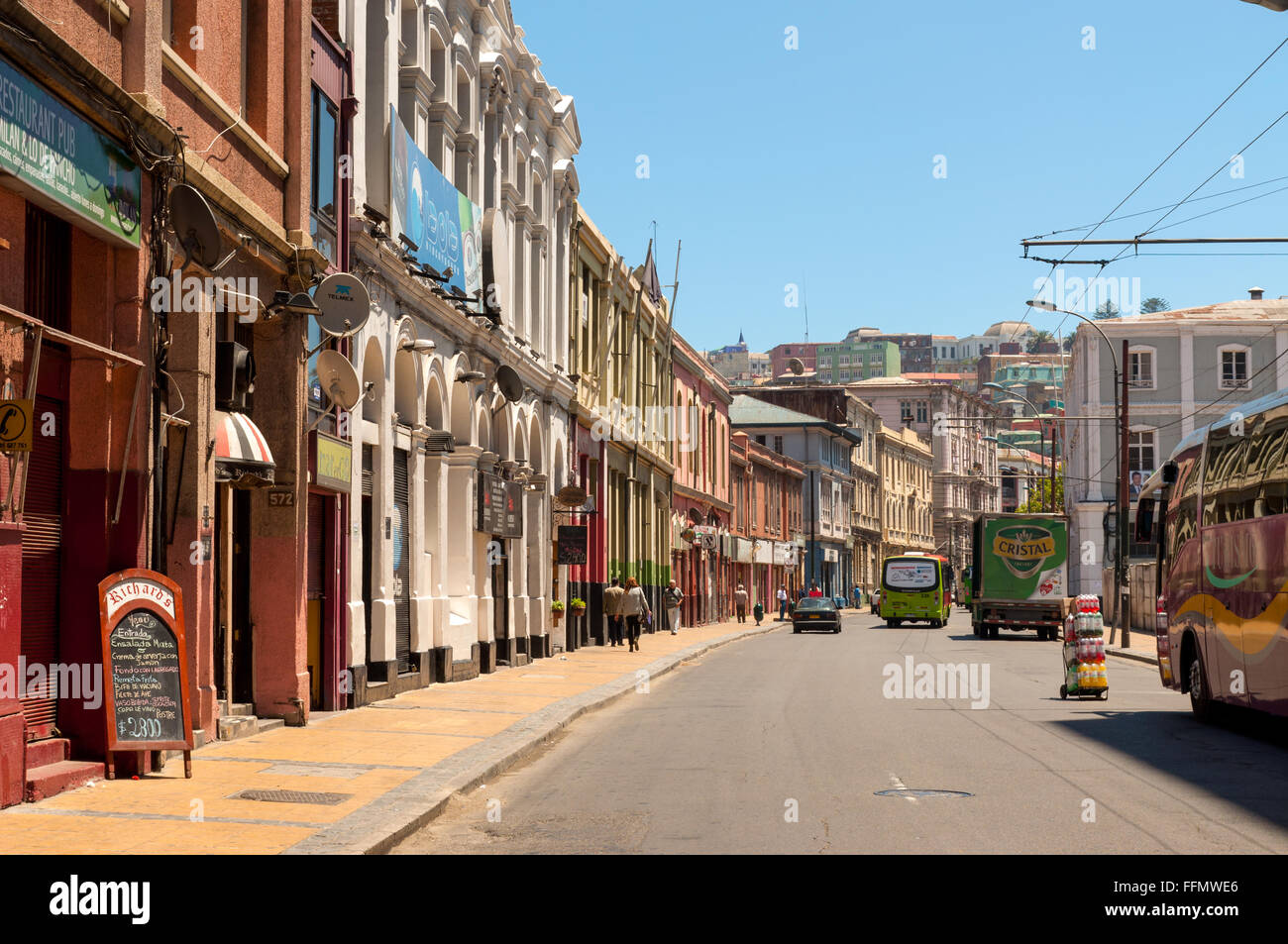 Old fashioned authentic buildings and street of Valparaiso, Chile Stock Photo