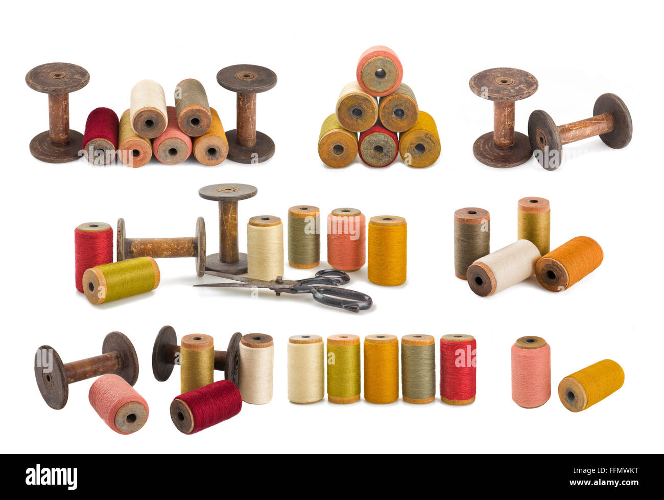 spools and reels with colorful thread and scissor isolated Stock Photo ...