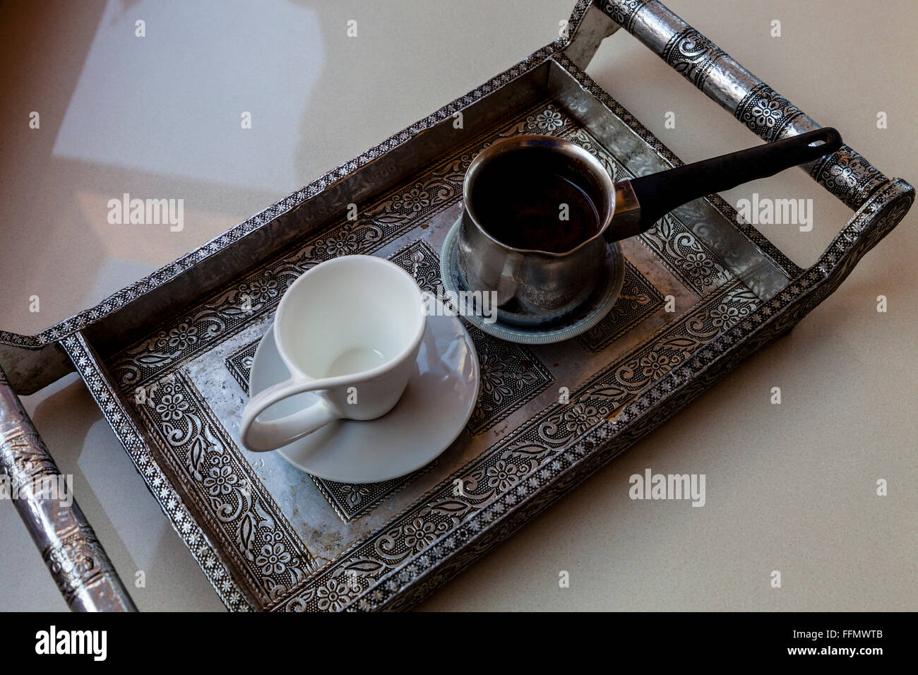 Coffee Served At An Omani Restaurant, Muscat, Sultanate Of Oman Stock Photo