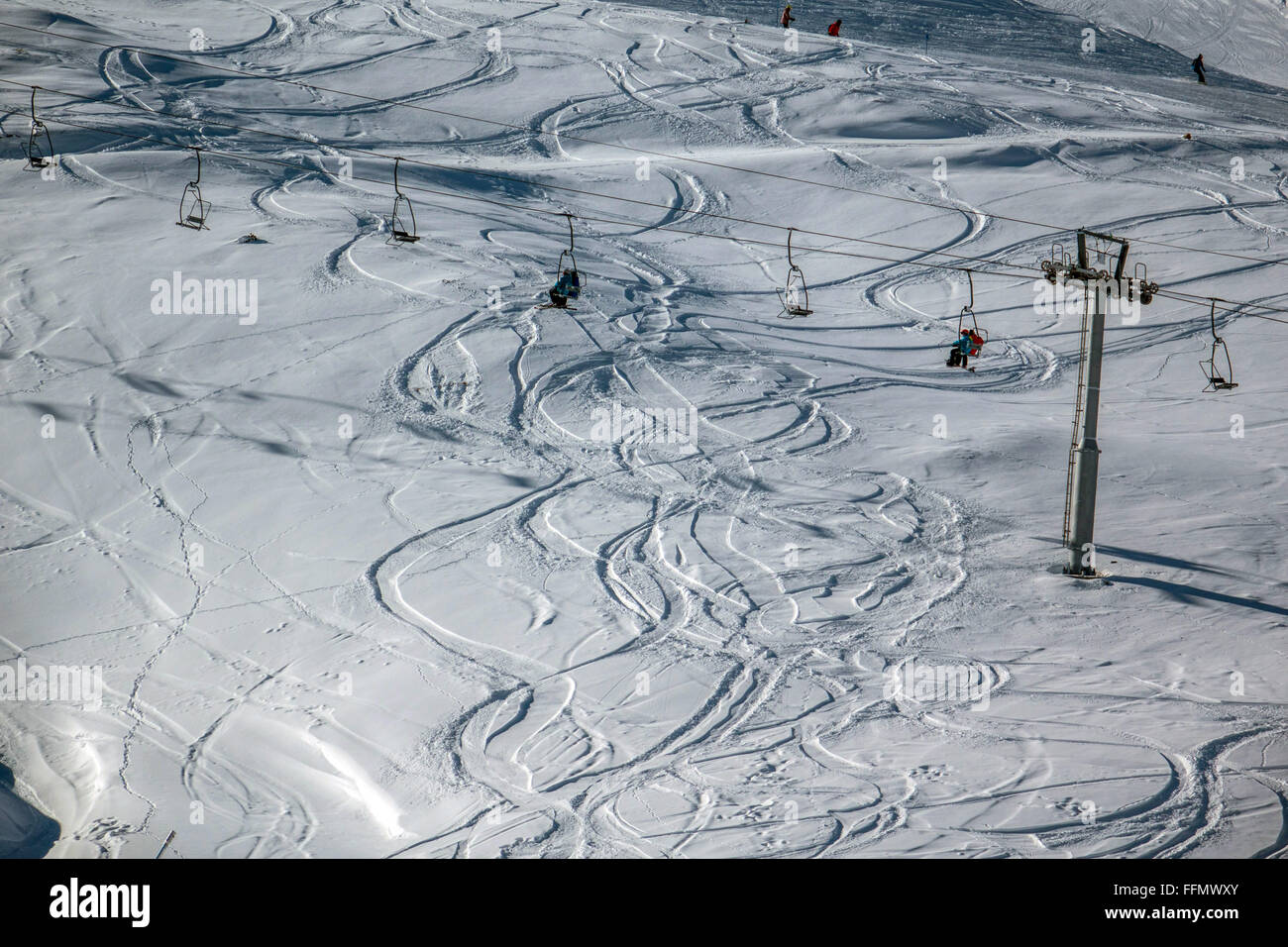 Ski slopes with ski trails and skiers Pas de la Casa, Andorra Stock Photo