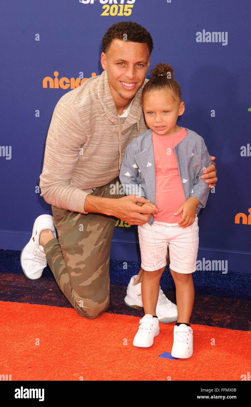 NBA player Stephen Curry and daughter Riley Curry arrive at the Nickelodeon Kids' Choice Sports Awards 2015 at UCLA's Pauley Pavilion on July 16, 2015 in Westwood, California., Stock Photo