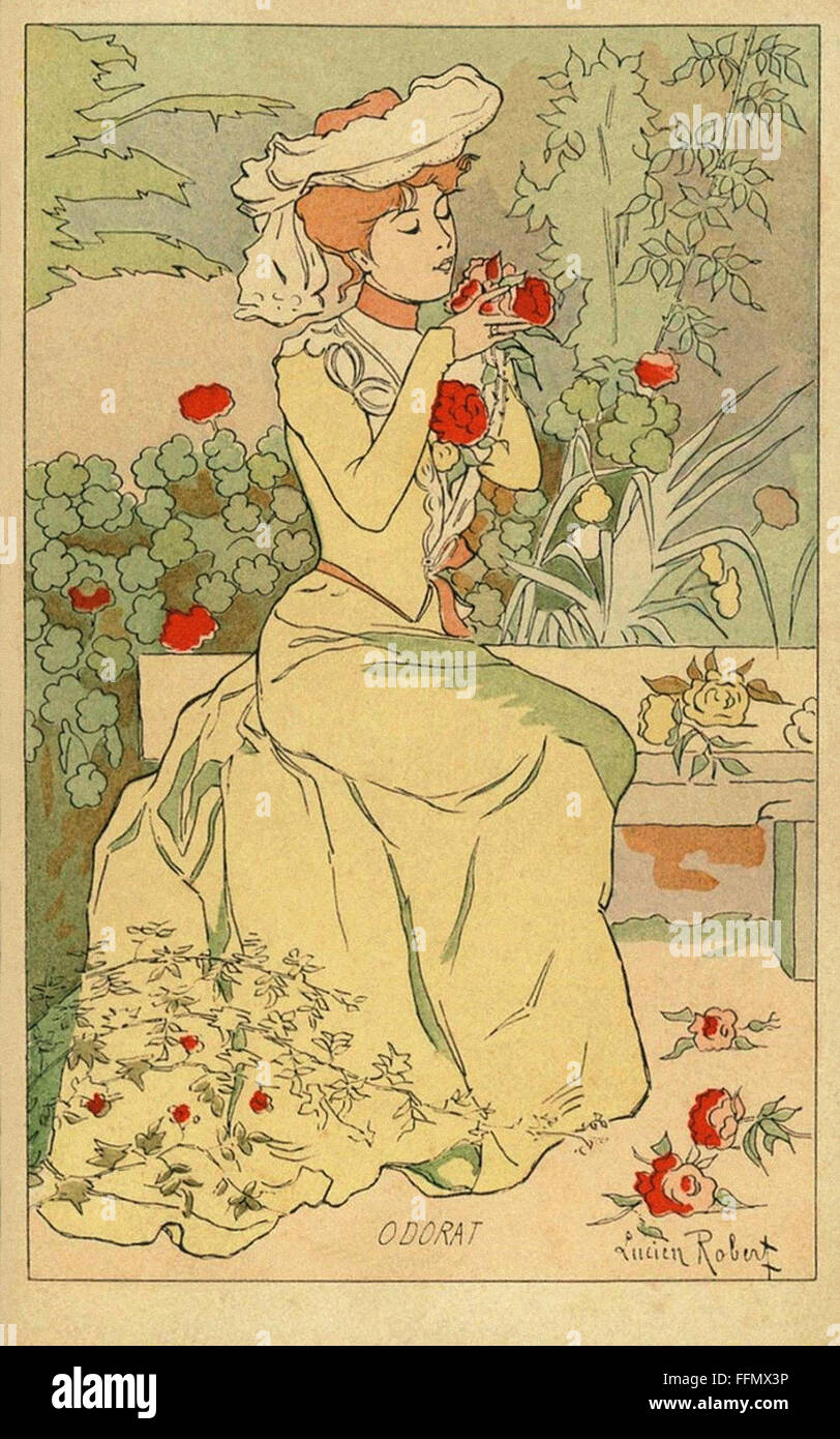 Odorat  Lady in art nouveau style  - Vintage postcard - 1900 Stock Photo