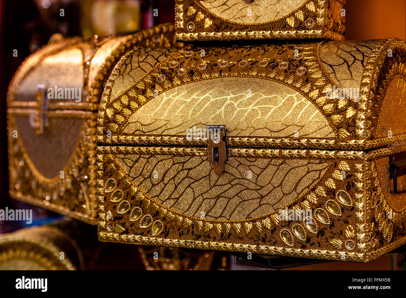 Gold Coloured Storage Chests For Sale In The Muttrah Souk (Al Dhalam