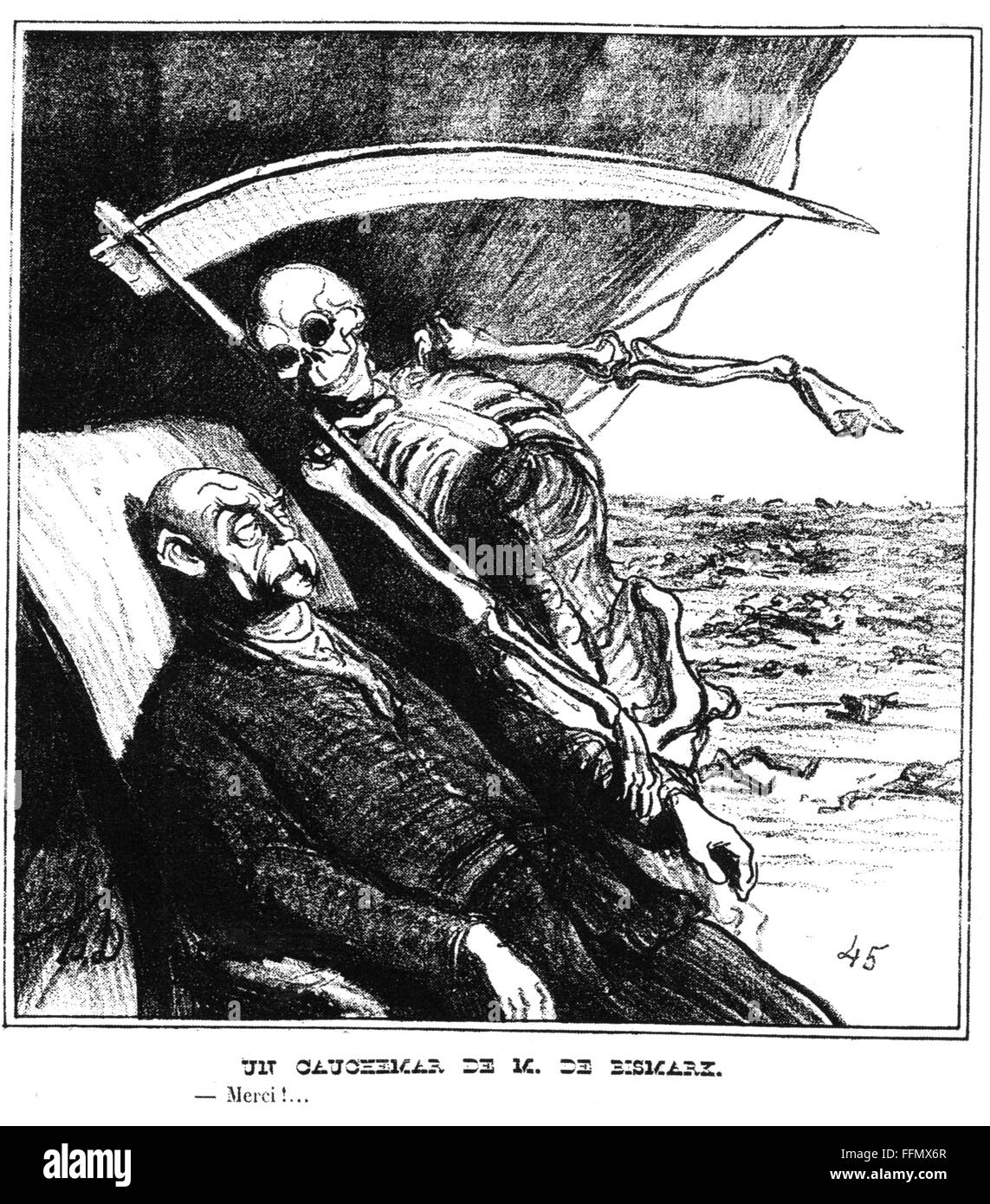 Franco-Prussian War 1870 - 1871, caricature, death thanks Otto von Bismarck for the rich harvest, 'A Nightmare of Mr. von Bismarck', drawing, 'Actualités', Paris, 22.8.1870, Additional-Rights-Clearences-Not Available Stock Photo