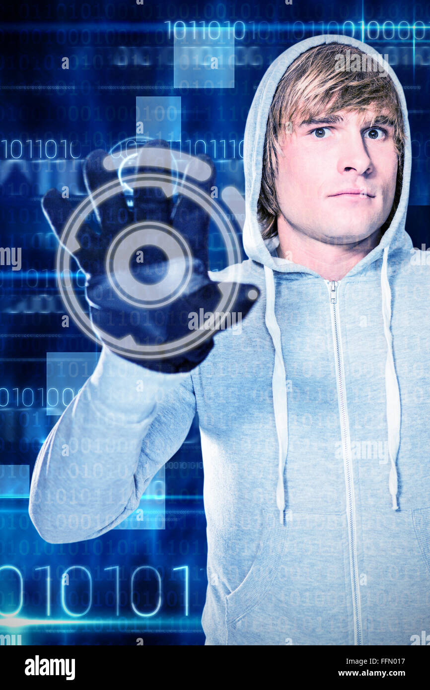 Composite image of man with black gloves staring at camera Stock Photo