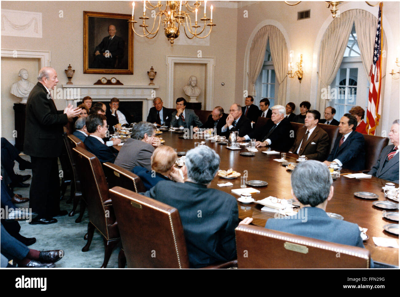 Jan. 7, 2010 - Washington, District of Columbia, United States of America - United States Secretary of State George Shultz, left, briefs a bipartisan group of Congressional leaders in the Cabinet Room on Friday, January 4, 1985. From right are: United States Senate Minority Leader Robert Byrd (Democrat of West Virginia); United States Senate Majority Leader Robert Dole (Republican of Kansas); President Reagan; Speaker of the United States House of Representatives Thomas P. ''Tip'' O'Neill (Democrat of Massachusetts); United States House Minority Leader Robert Michel (Republican of Illinois); Stock Photo