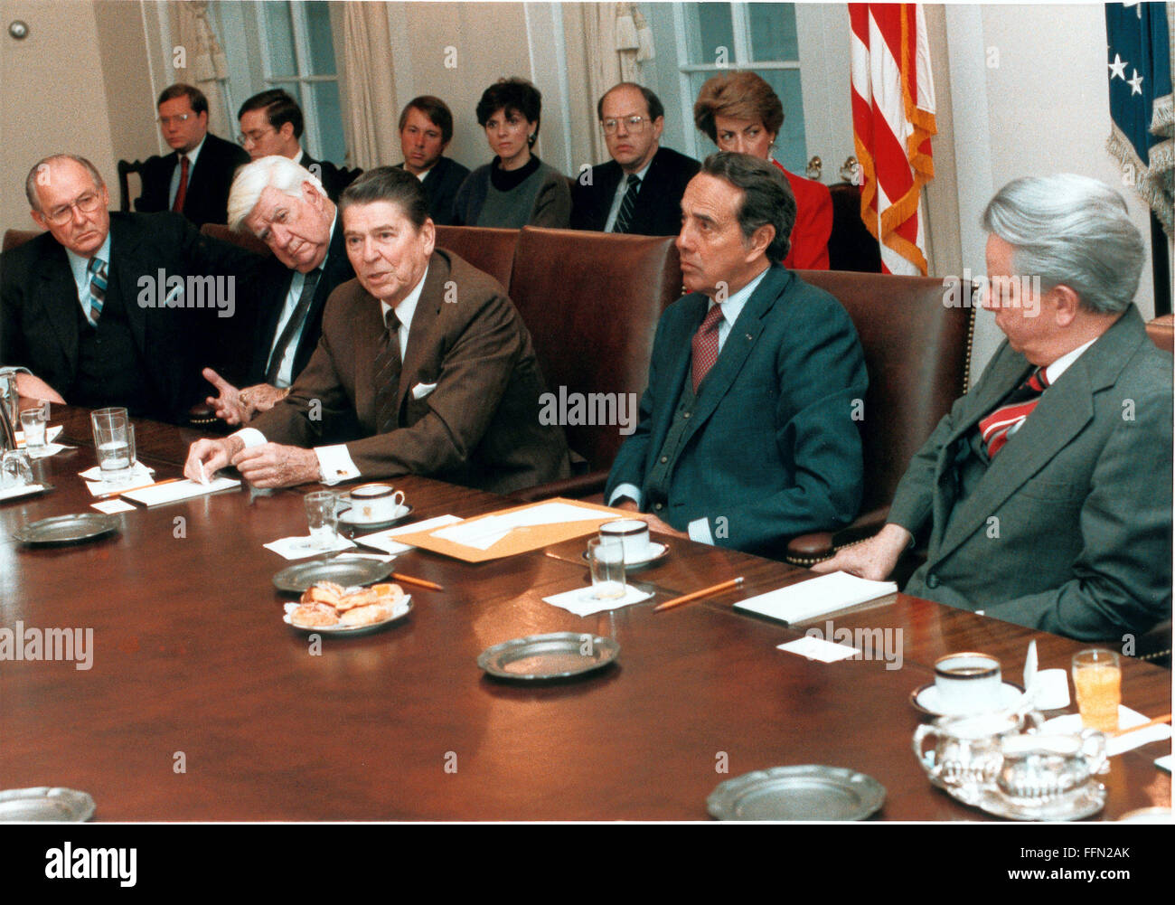 Jan. 7, 2010 - Washington, District of Columbia, United States of America - United States President Ronald Reagan meets with a bi-partisan group of Congressional leaders in the Cabinet Room of the White House in Washington, DC on Friday, January 4, 1985. From left are: United States House Minority Leader Robert Michel (Republican of Illinois); Speaker of the United States House of Representatives Thomas P. ''Tip'' O'Neill (Democrat of Massachusetts); The President; United States Senate Majority Leader Robert Dole (Republican of Kansas); and United States Senate Minority Leader Robert Byrd ( Stock Photo