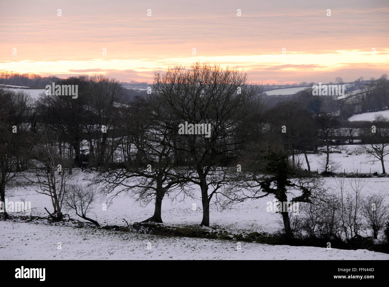 Snowy scene at sunset in the Ceredigion countryside.  Between Llanrhystud and Llangwyryfon. Stock Photo