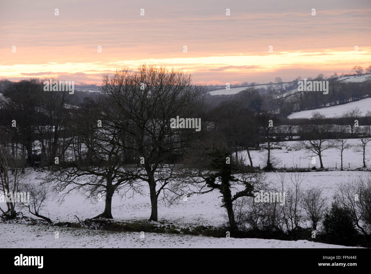 Snowy scene in the Ceredigion countryside on a January evening.  Between Llanrhystud and Llangwyryfon. Stock Photo