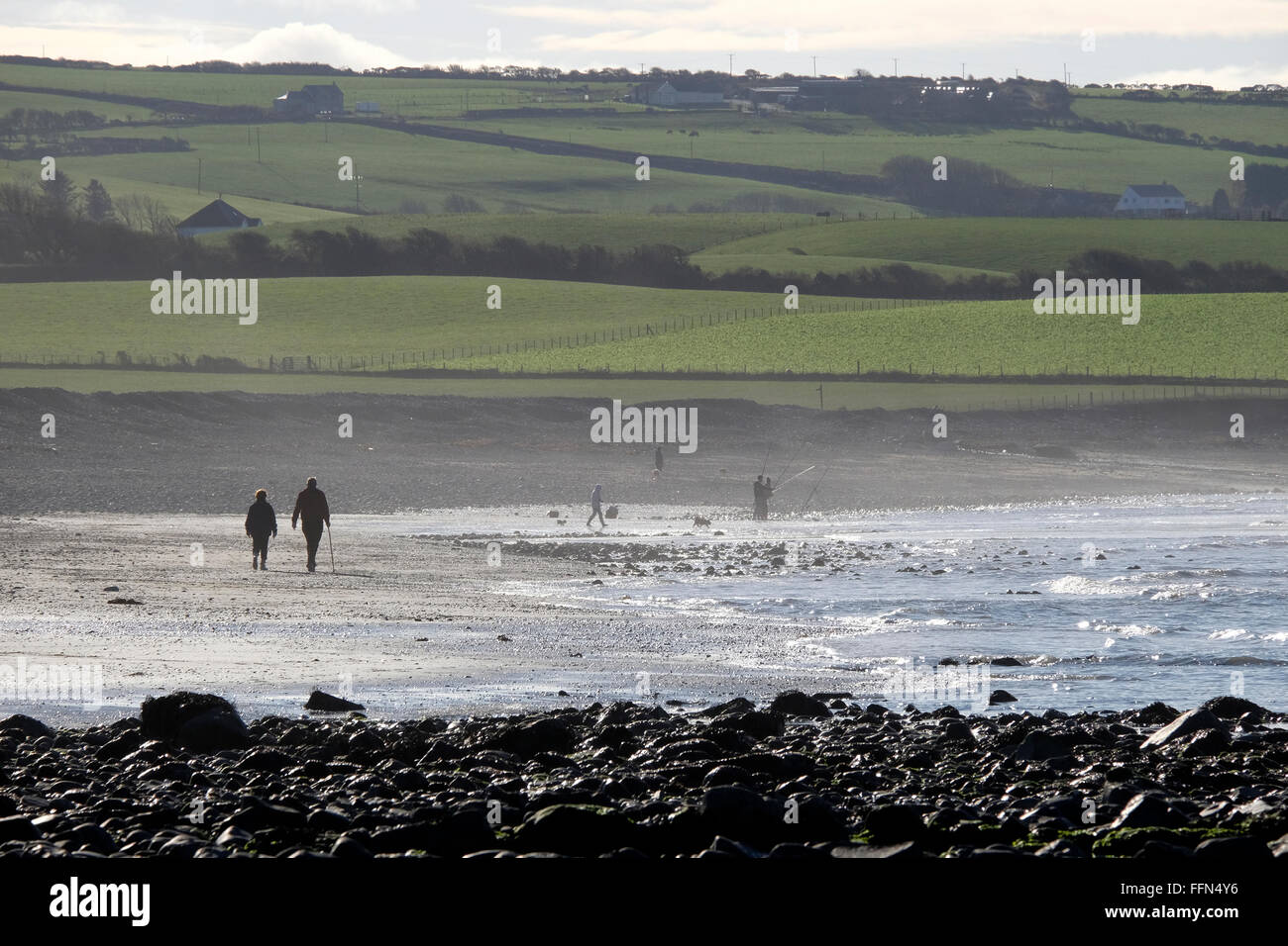 Walkers and people fishing on Llanrhystud beach at low tide. Stock Photo