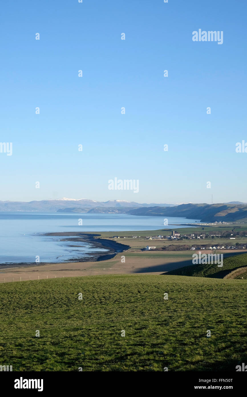 View north on West Wales coast, showing Llanon in the middle distance, Llanrhystud,  Aberystwyth beyond. Cader Idris on horizon. Stock Photo
