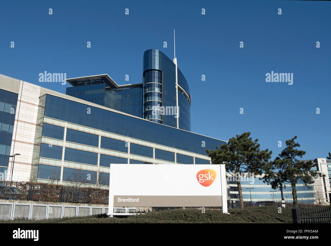 exterior of the brentford, england, headquarters of pharmaceutical company gsk, or glaxo smith kline Stock Photo