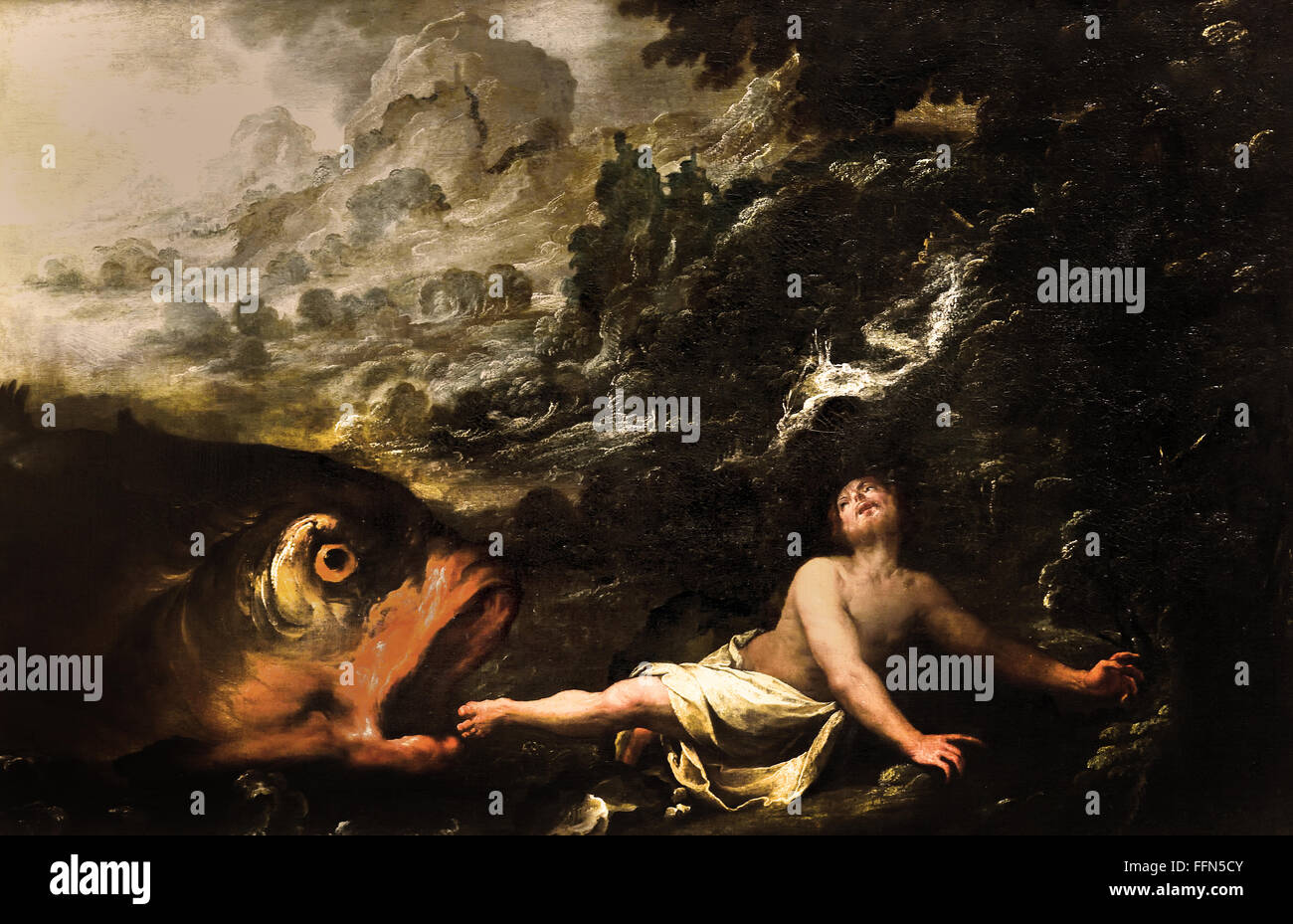 Jonah and the Whale by Louis Brandin ( 1575-1635 France French painter ) Jonah - Jonas prophet northern kingdom Israel 8th century BC famous for being swallowed by a fish or a whale ) Stock Photo