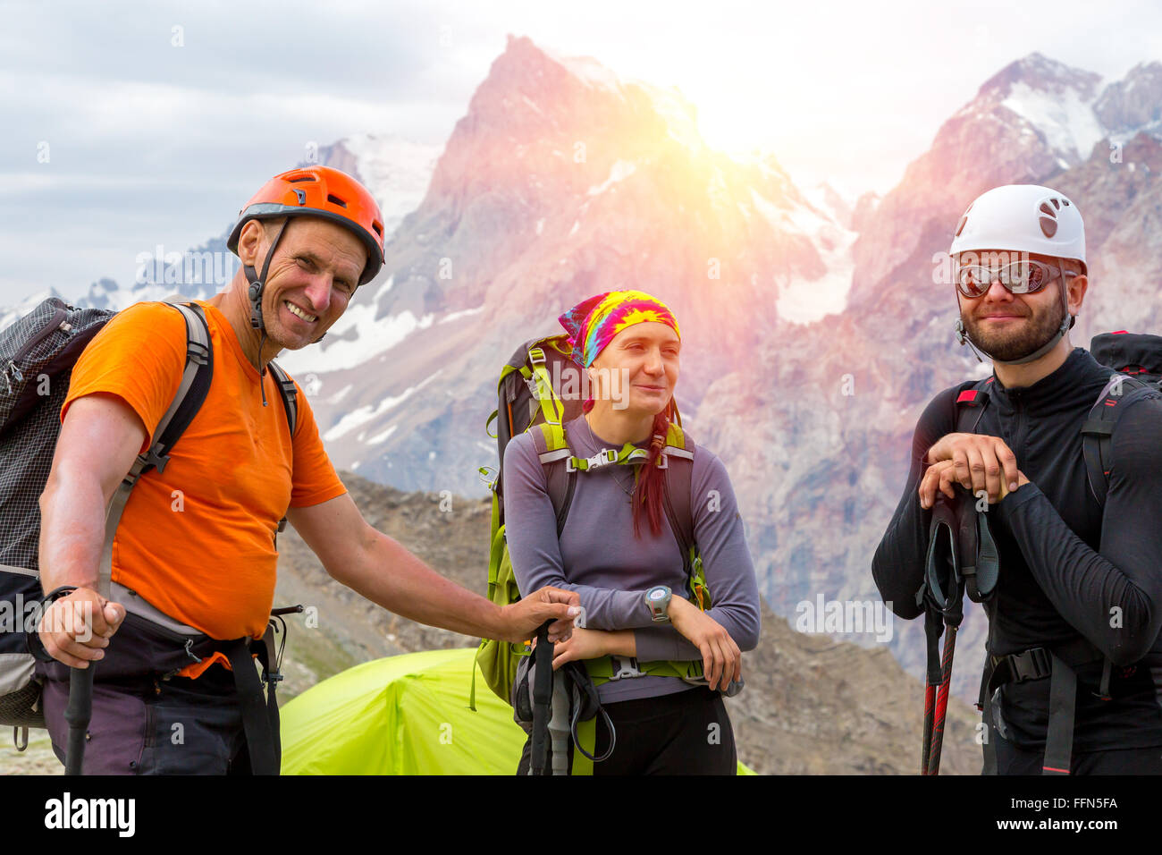 Cheerful mountain climbers portrait Stock Photo