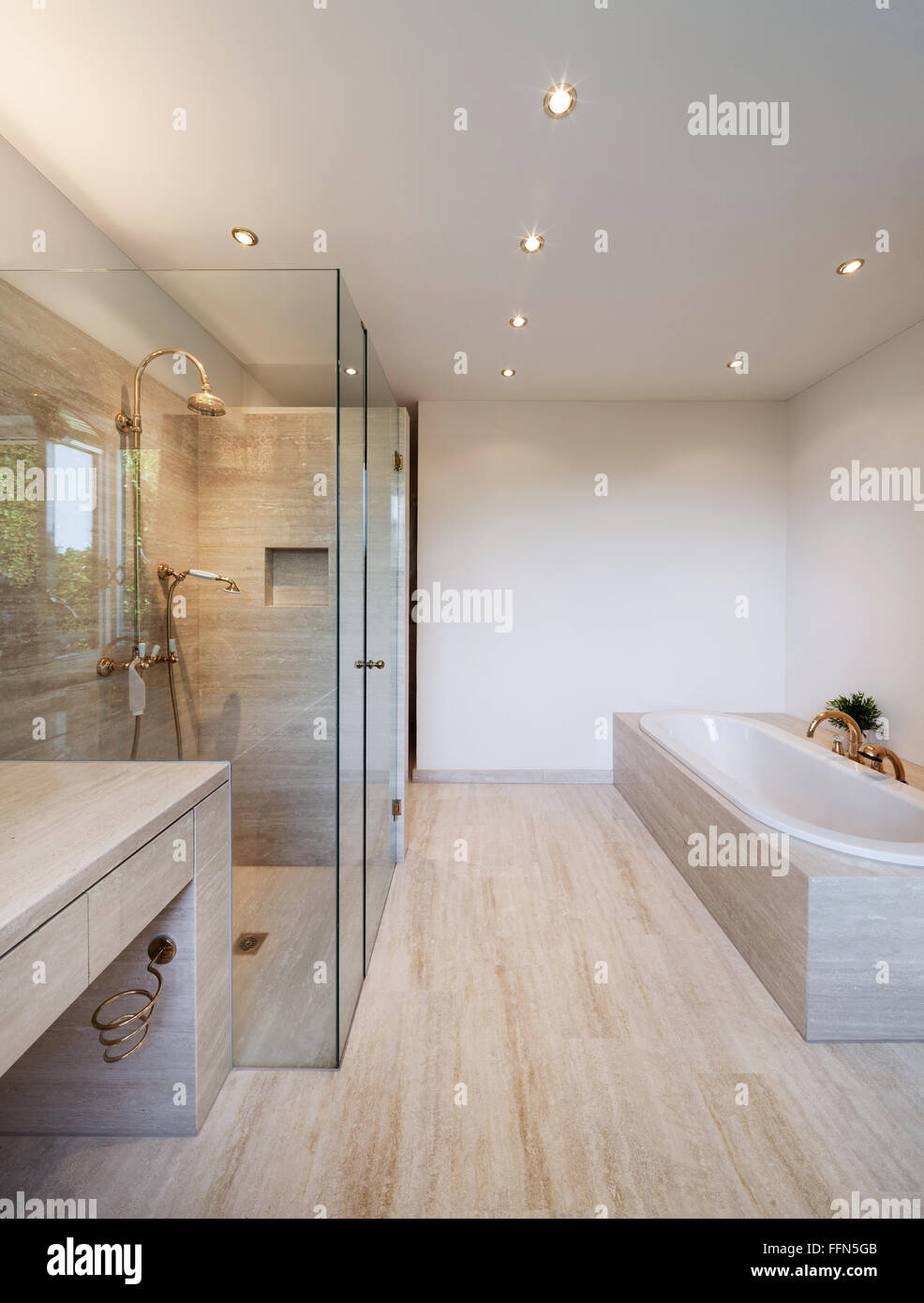 Interior, modern bathroom of an house, bathtub and shower Stock Photo