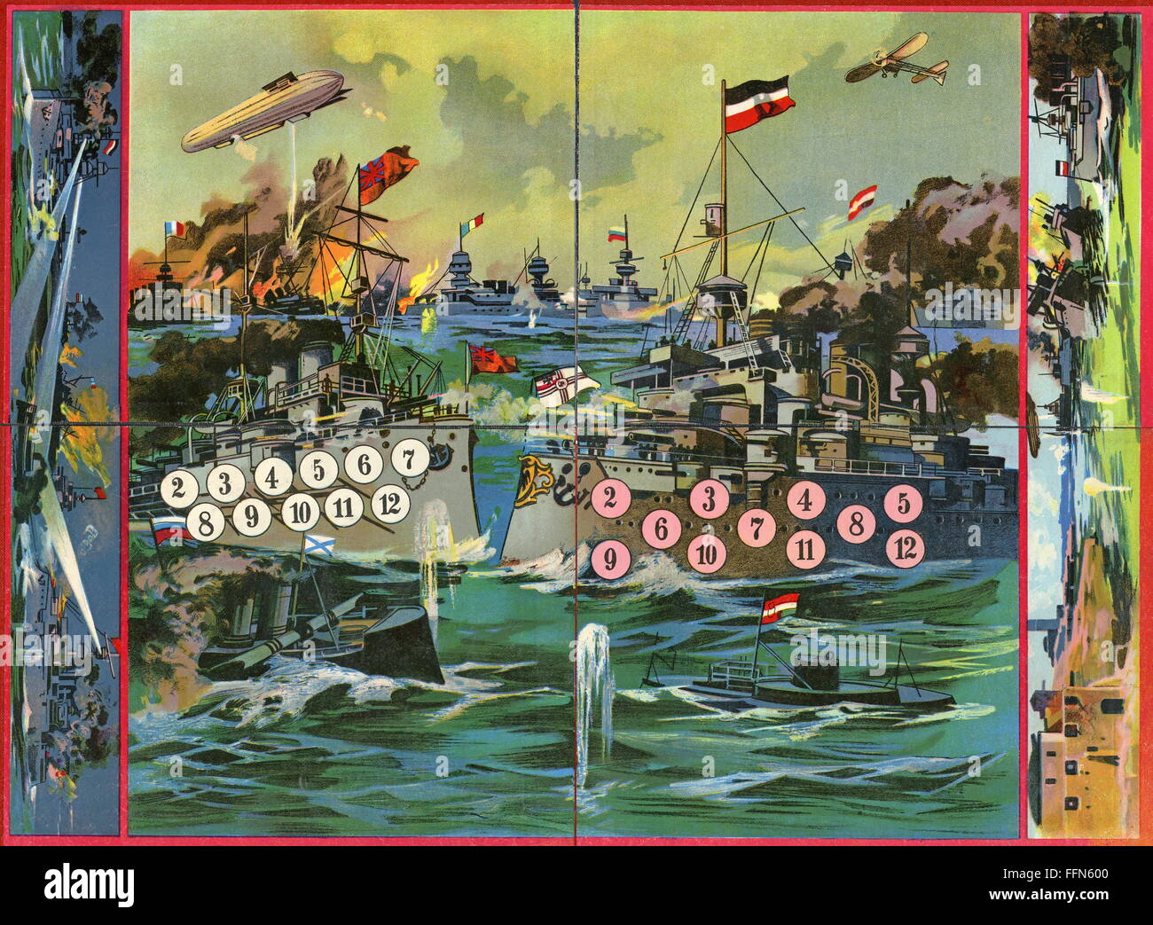 First World War / WWI,Germany,patriotic board game about the beginning of the first world war,lithograph,1915,game of dice,games of dice,war game,war games,battle game,naval battle,naval battles,warship,warships,battleship,battleships,submarine,submarine boat,U-boat,submarines,submarine boats,U-boats,German,Germans,fleet,fleets,illustration,military history,fighting,fight,operation,action,naval war,naval wars,aerial warfare,gaming,party games,party game,board,boards,Germans fighting against English fleet and their allies,,Additional-Rights-Clearences-Not Available Stock Photo