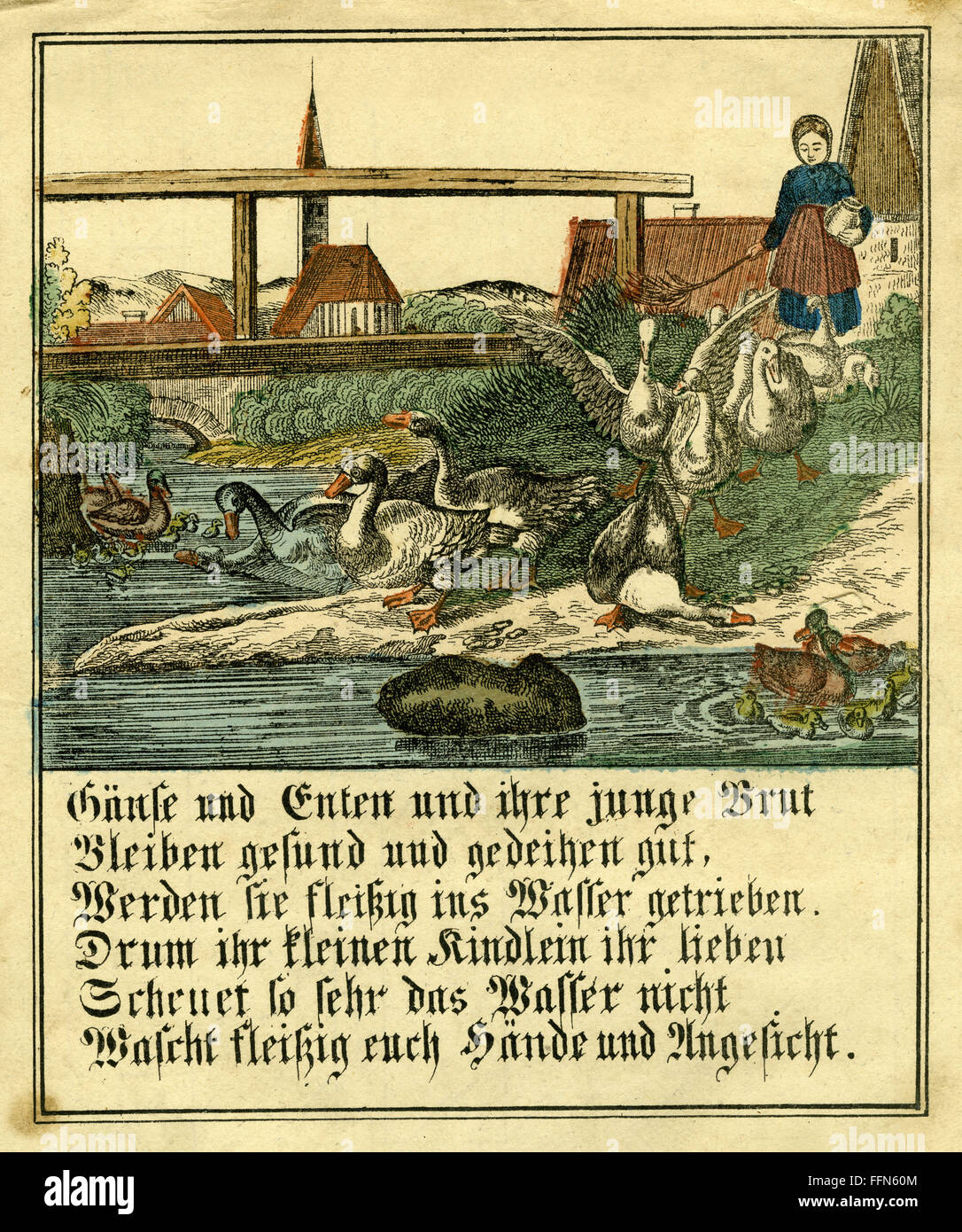 pedagogy, woman with gooses and ducks, shooing them into water, river, with motto for hydrophobic little children, pedagogic exhortation to wash the hands, Germany, circa 1852, Additional-Rights-Clearences-Not Available Stock Photo