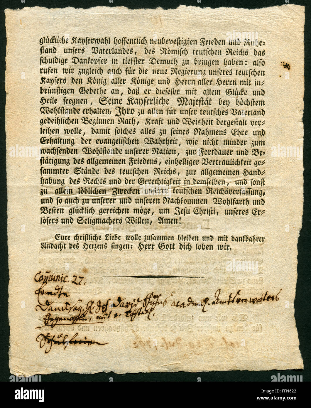 Germany, principality of Weimar, announcment the election of the emperor of the Holy Roman Empire of the German ntion Franz II. at the 14th July of 1792, to read in all churches of the principality, reverse side., Stock Photo