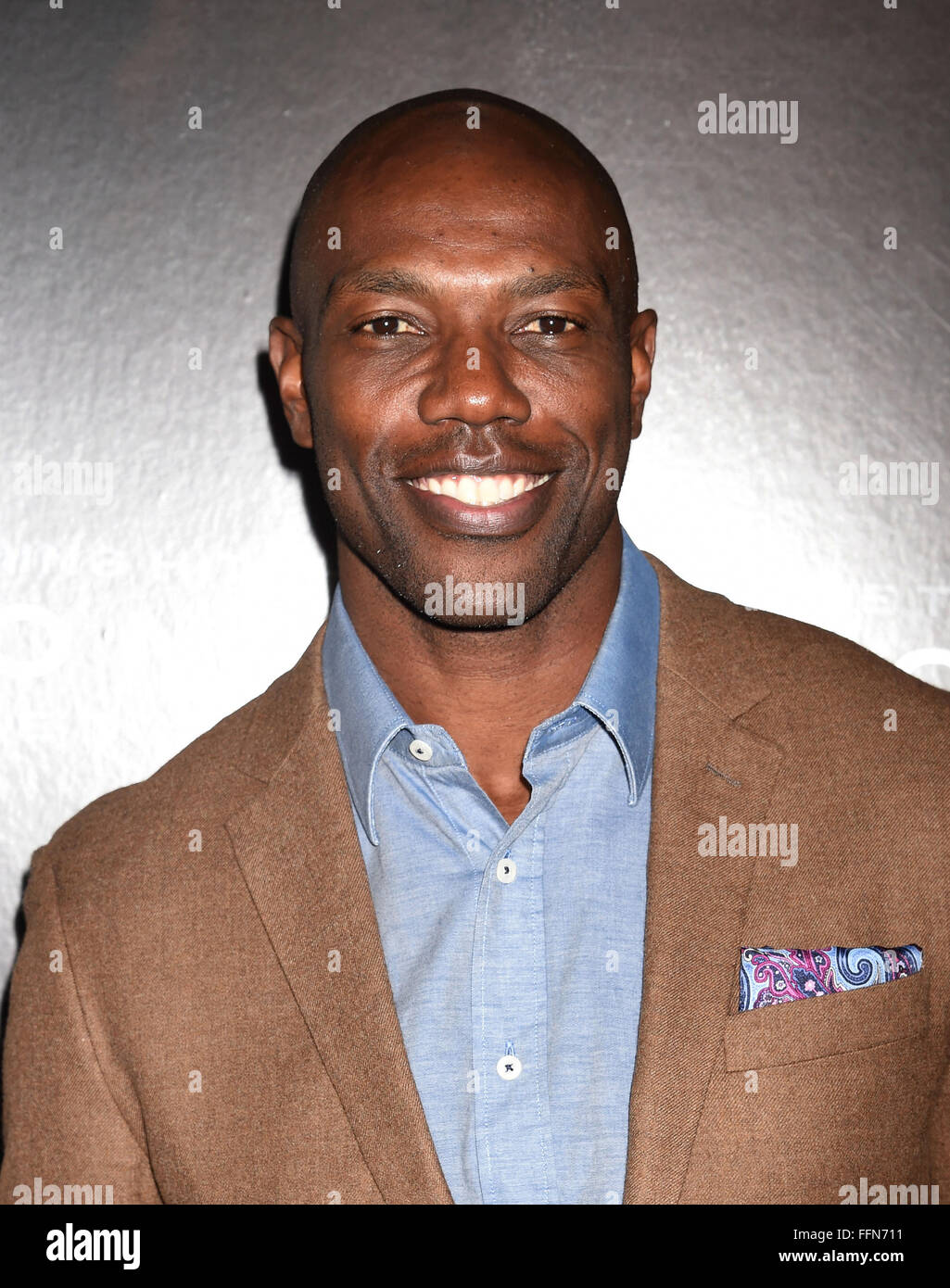 Former NFL player Terrell Owens attends the screening of Columbia Pictures' 'Concussion' at the Regency Village Theater on November 23, 2015 in Westwood, California., Stock Photo