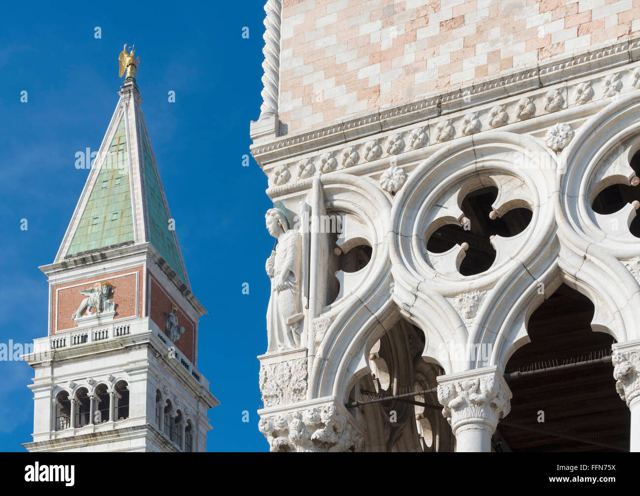 San Marco Campanile Bell Tower of St Mark’s Church with the Palazzo Ducale or Doge’s Palace in Venice, Italy Stock Photo