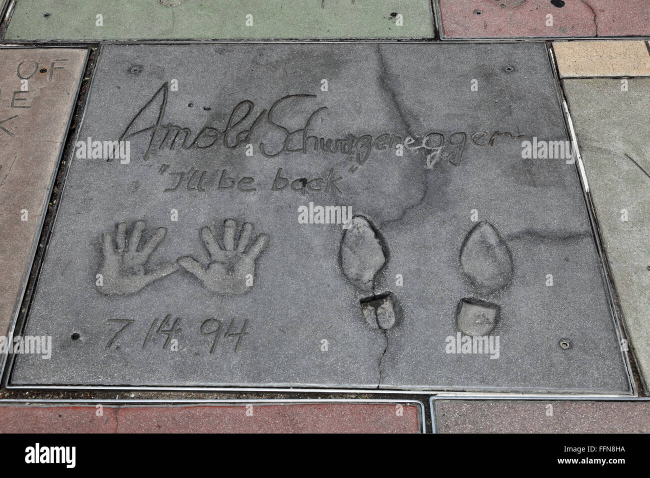 Schwarzenegger, Arnold, * 30. 7.1947, Austrian actor, hand- and shoe prints, Grauman's Chinese Theater, Hollywood Blvd, Hollywood, Los Angeles, California, USA, Stock Photo