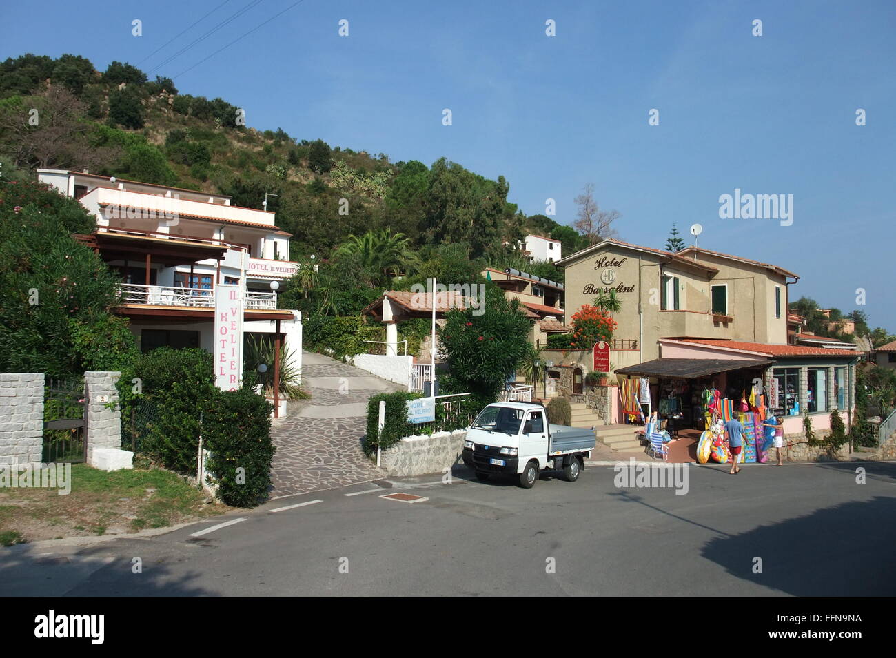 geography / travel, Italy, Elba, St. Andrea, street scene with hotel and Alimentari shop, Additional-Rights-Clearance-Info-Not-Available Stock Photo