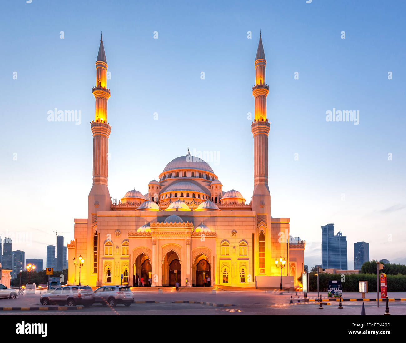 Al Noor Mosque is a mosque in Sharjah. It is located on the Khaled lagoon at the Buhaira Corniche. It is of Turkish Ottoman . Stock Photo