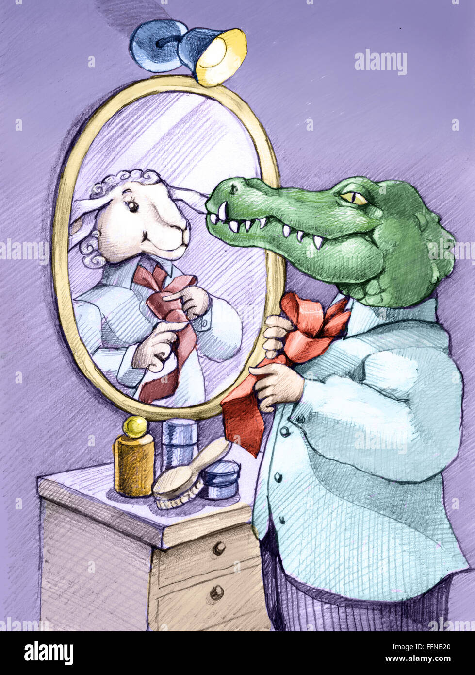 a crocodile while knotting his tie looks in the mirror and sees himself as a mild sheep Stock Photo