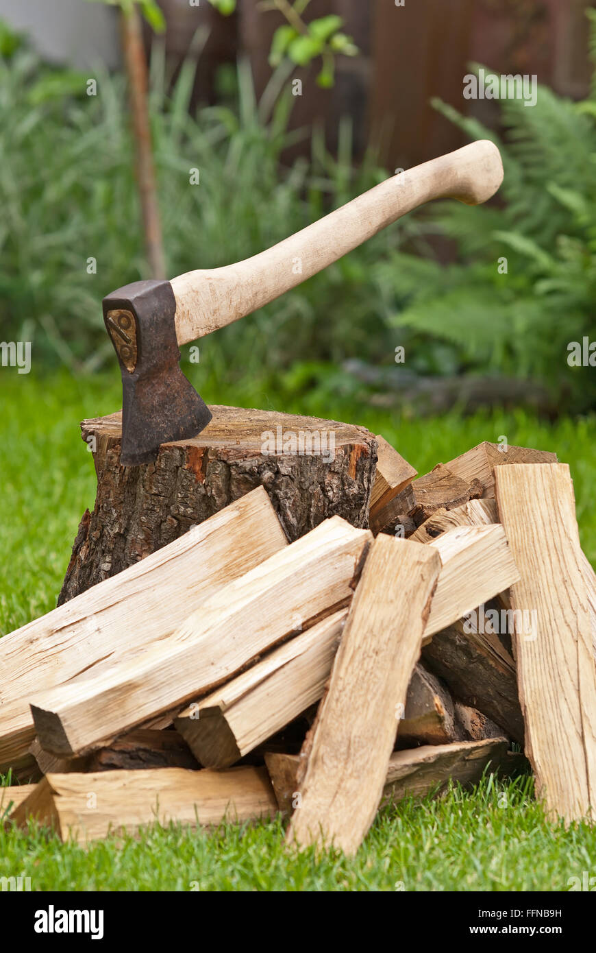 old used ax with a log in the garden Stock Photo