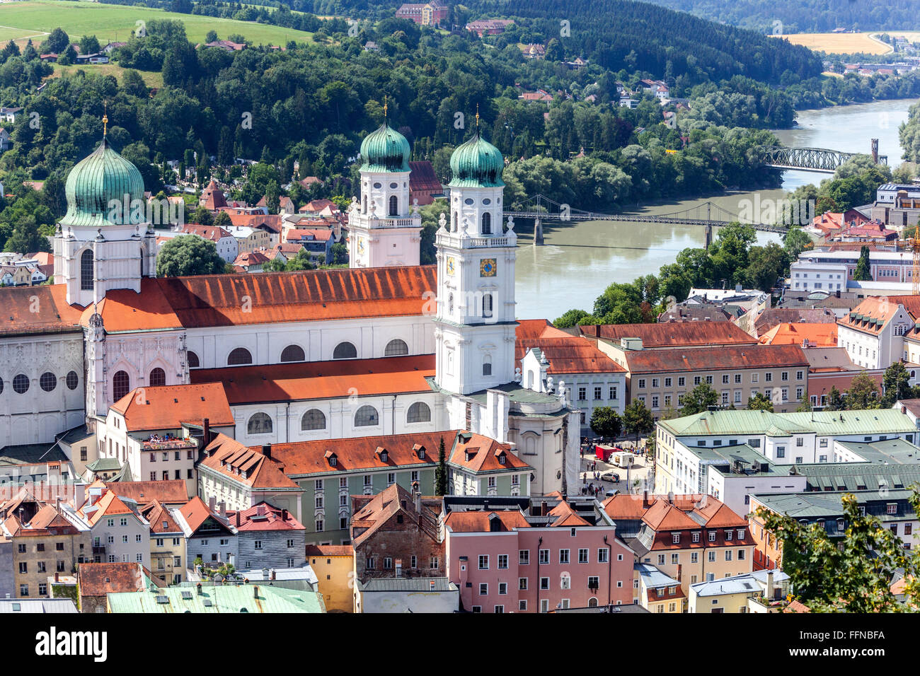 St Stephan Cathedral Passau Germany Old Town Aerial view, River Inn, Lower Bavaria, Europe Stock Photo