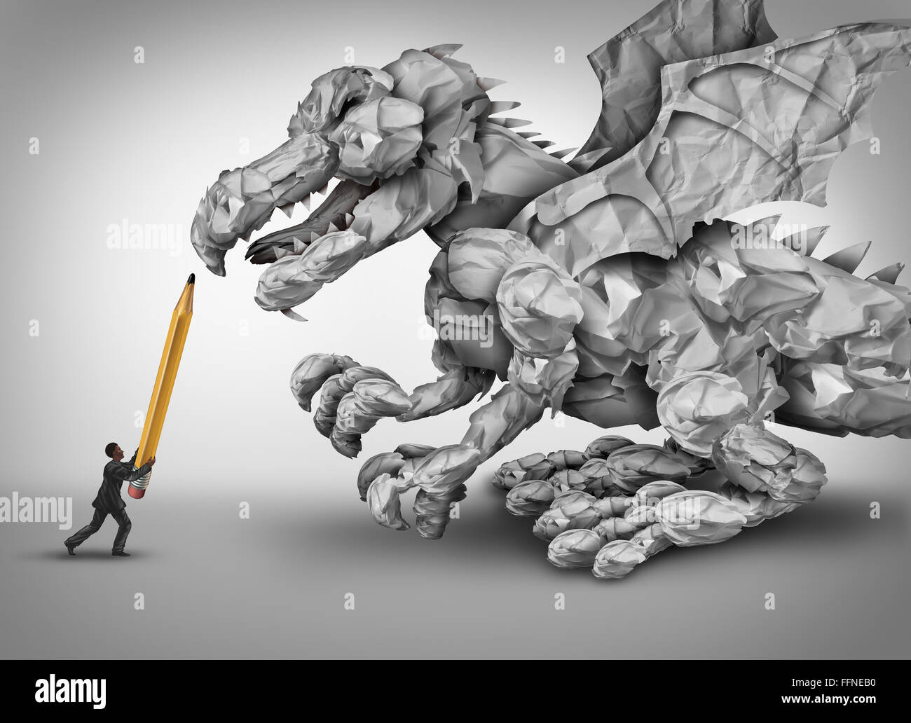 Paper stress business concept as a businessman holding a pencil fighting a dragon monster shaped with crumpled papers and office paperwork as a metaphor for management and bureaucracy problem. Stock Photo