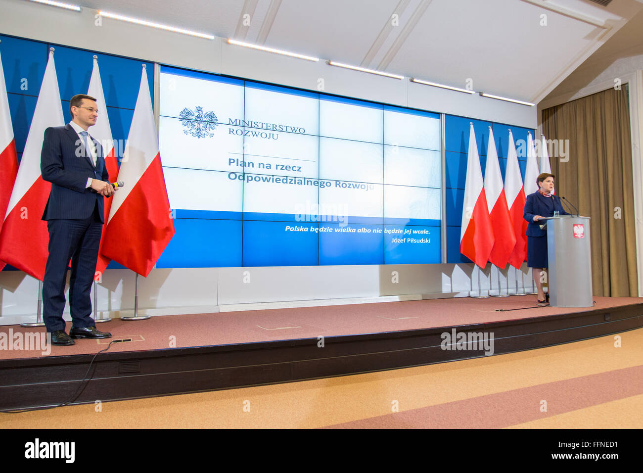 Warsaw, Poland. 16th Feb, 2016. Polish Prime Minister Beata Szydlo (R) and polish Minister of development Mateusz Morawiecki during press conference at the Chancellery of the Prime Minister on 16 February 2016 in Warsaw, Poland. Credit:  MW/Alamy Live News Stock Photo