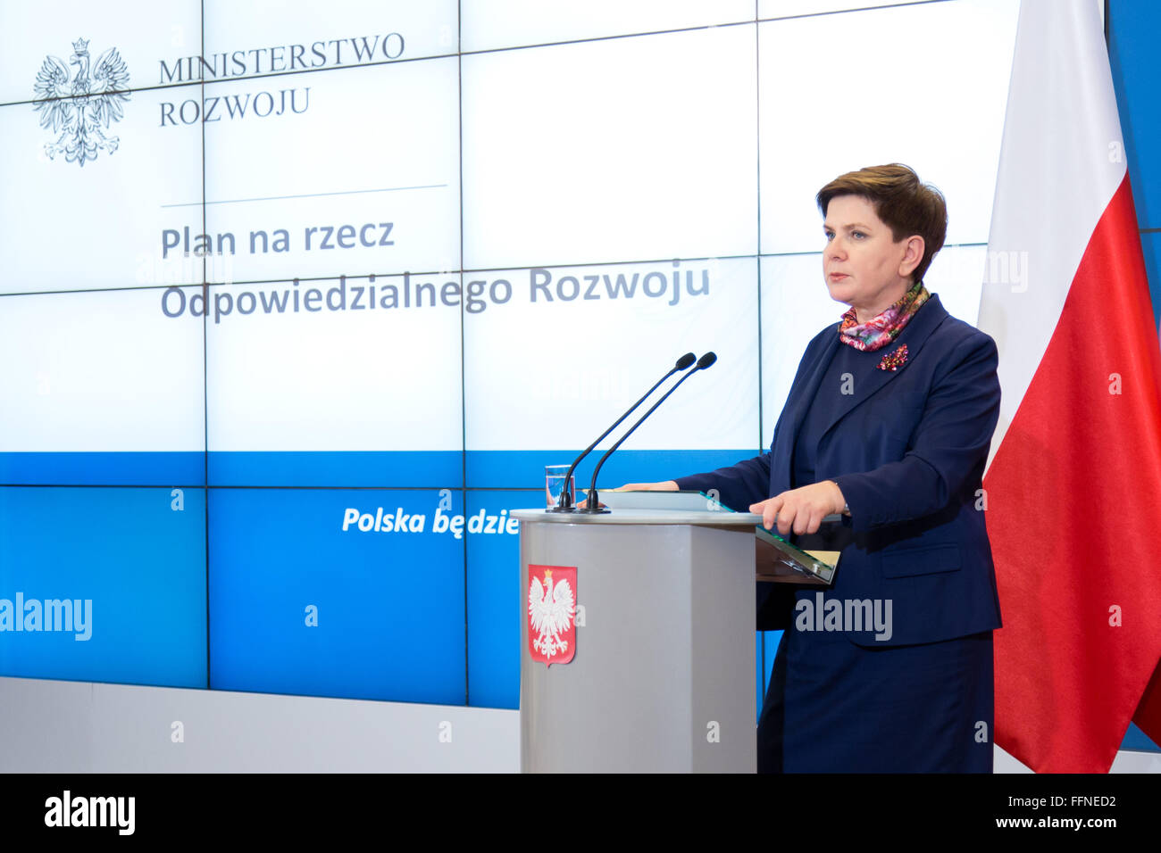 Warsaw, Poland. 16th Feb, 2016. Polish Prime Minister Beata Szydlo during press conference at the Chancellery of the Prime Minister on 16 February 2016 in Warsaw, Poland. Credit:  MW/Alamy Live News Stock Photo