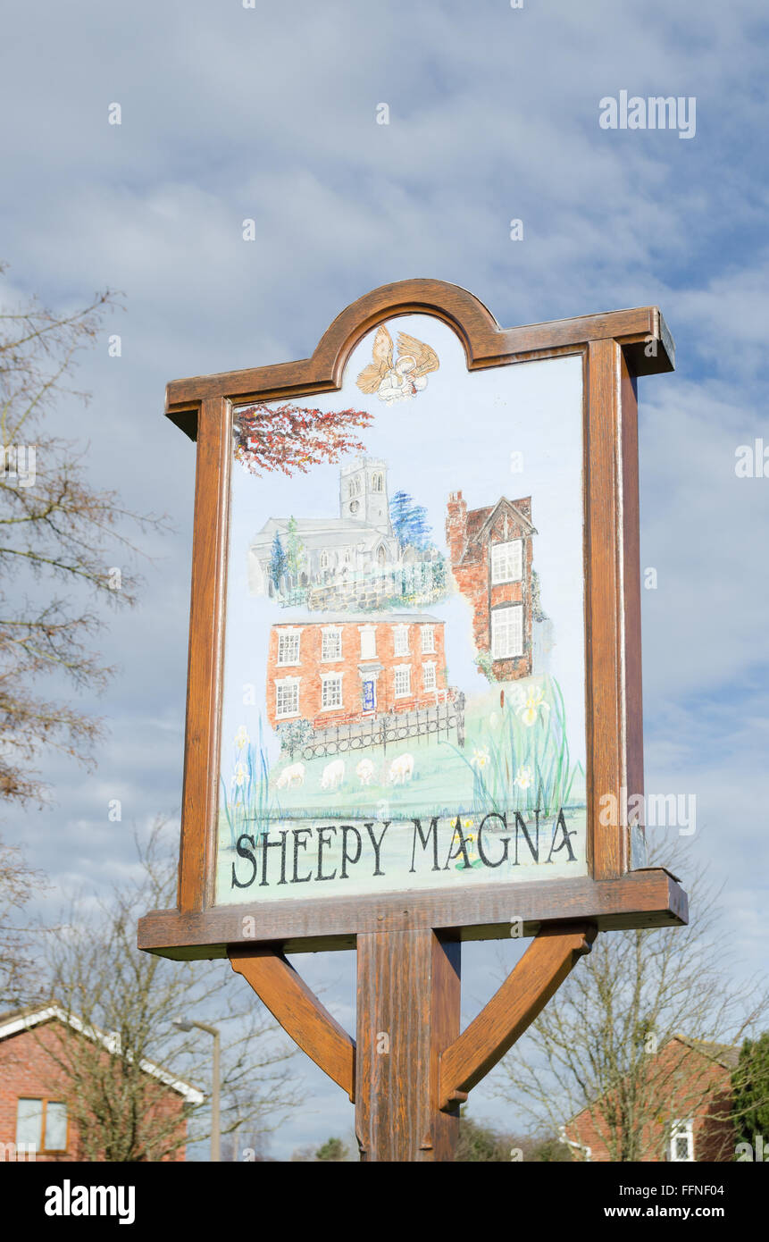 Traditional sign for the Leicestershire village of Sheepy Magna Stock
