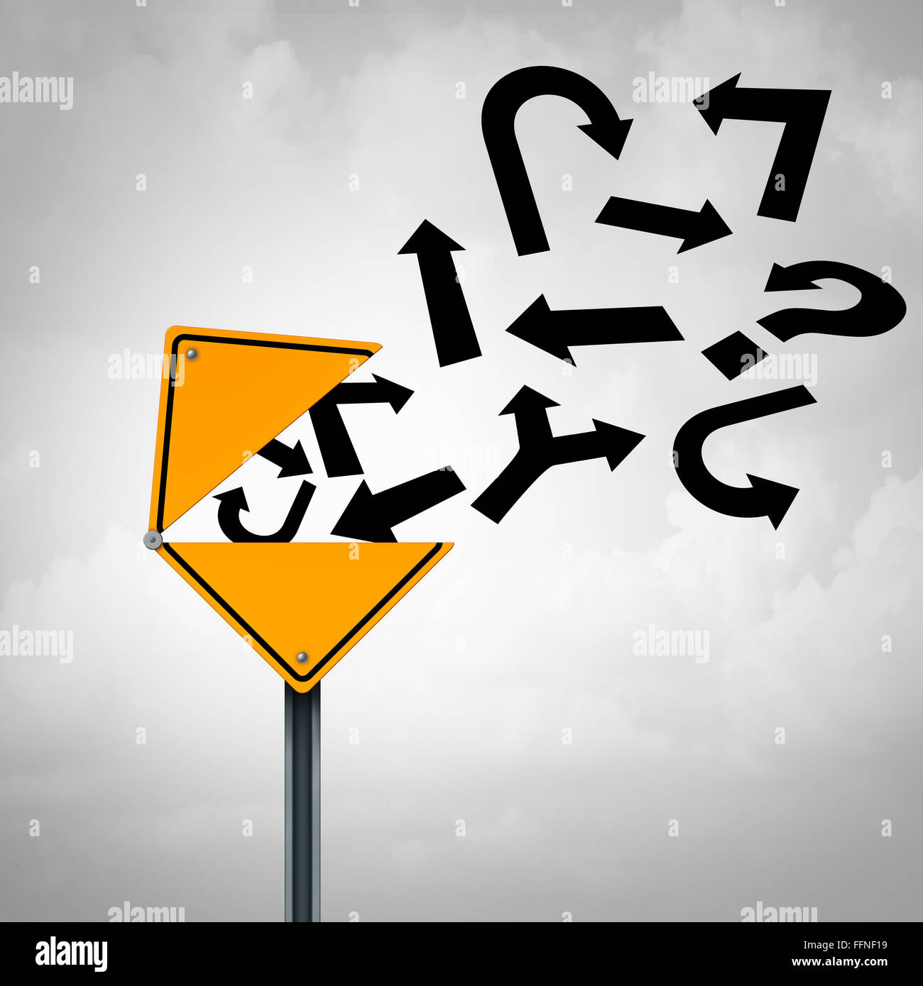 Business guidance communication concept as an open yellow traffic sign releasing a group of different direction arrows as a metaphor for financial or legal advice. Stock Photo